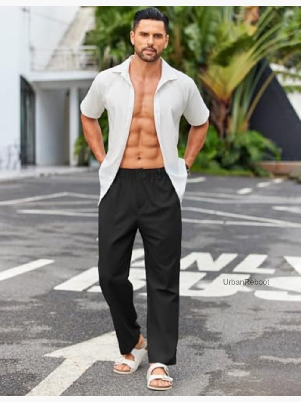Men's Casual Linen Cotton Elastic Waist Summer Beach Yoga Pants - Picture 3 of 6